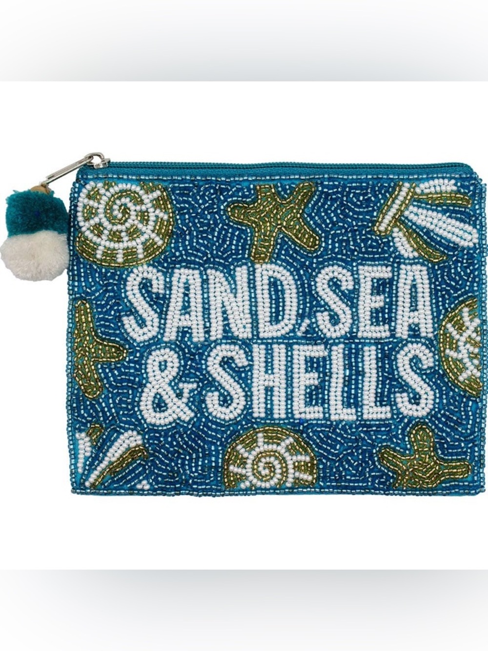 Key West Hand-Beaded ' Sand Sea Shells ' Blue Gold Clutch Coin Pouch